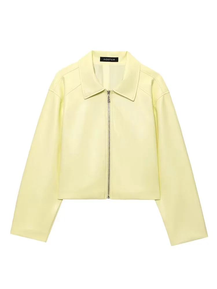 HH Vrouwelijke 2025 Herfst Nieuwe Mode Vintage Gele Revers Rits Lange Mouw Jas Vrouwelijke High Street Causale PU Leren Jas