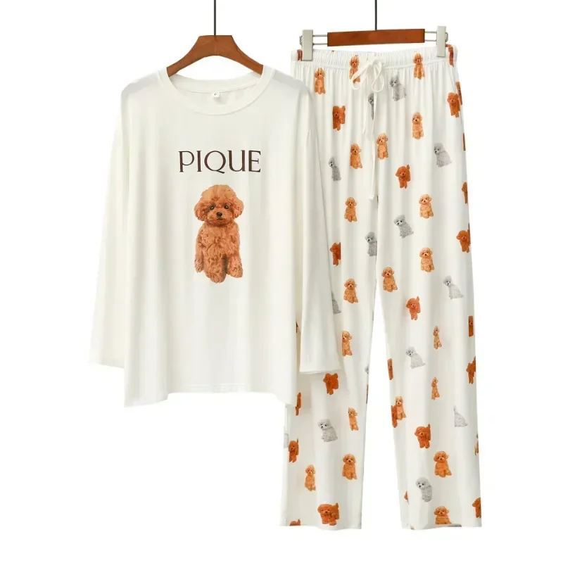 Spring and Autumn New Women\'s Pajamas Long Sleeve Long Pants Round Neck Set Cartoon Soft Skin Friendly Cute Home Clothes