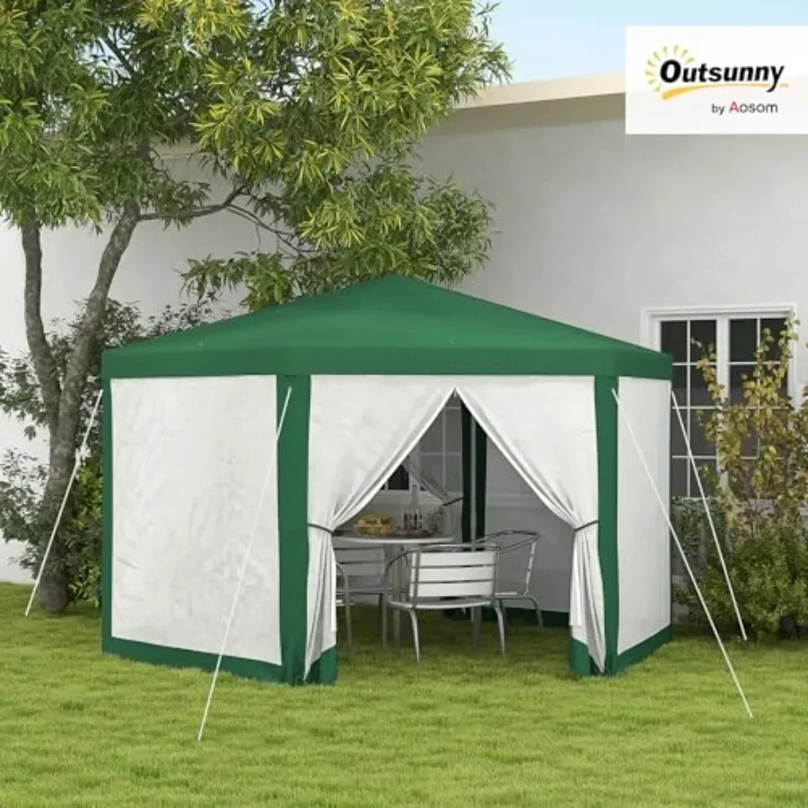 13' x 11' Outdoor Party Tent Hexagon Sun Shade Shelter  with Protective Mesh Sn Sidewalls Ropes Stakes