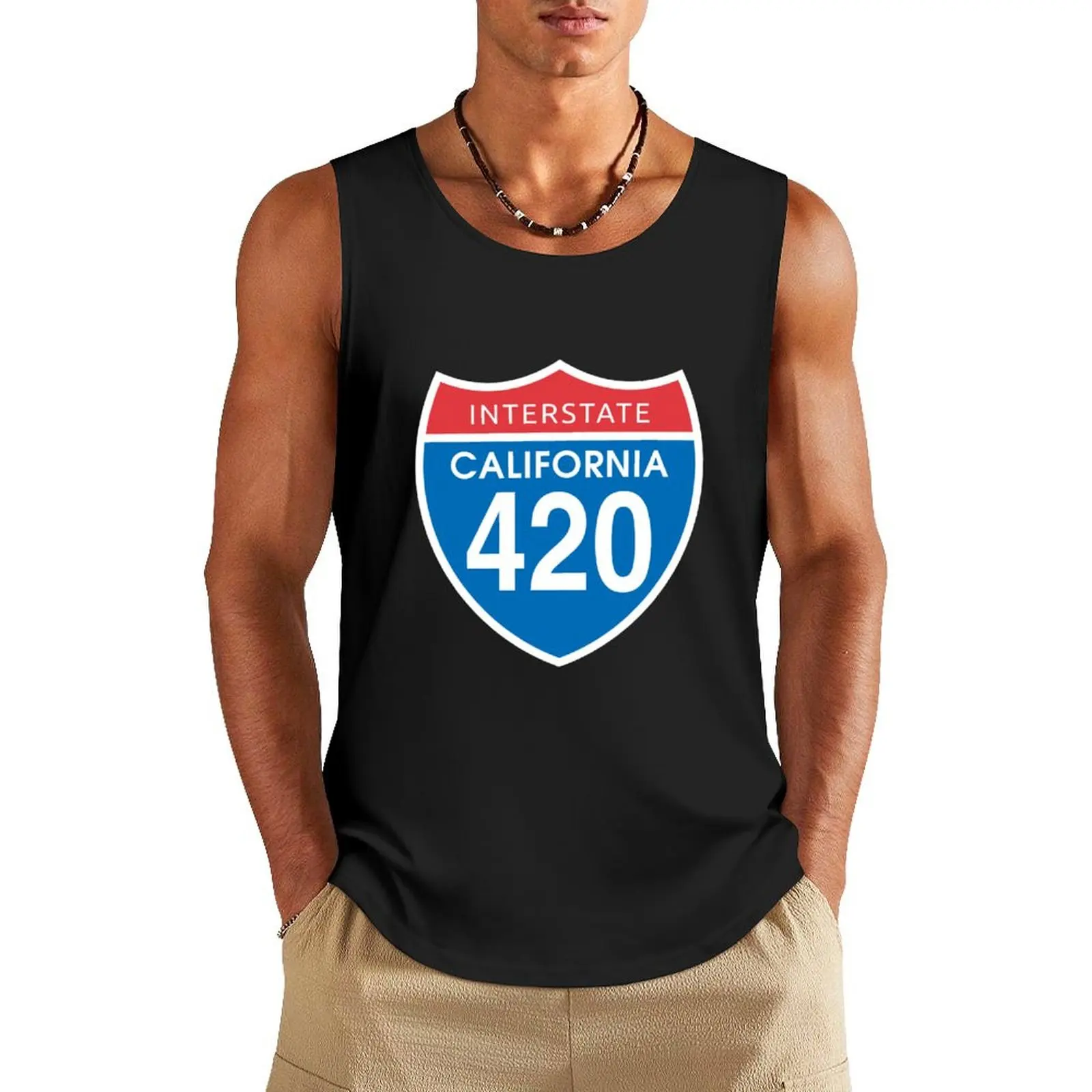 

California 420 Day US Interstate Highway Sign Tank Top Men's clothes luxury style gym t-shirts Men's gym t-shirt anime
