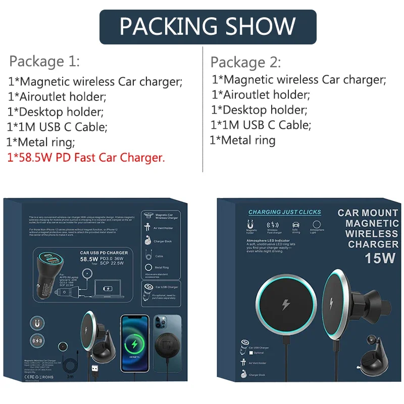 15W Magnetic Qi Wireless Car Charger Mount for iPhone 12 Mini Pro Max Mag safe Fast Charging Wireless Charger Car Phone Holder
