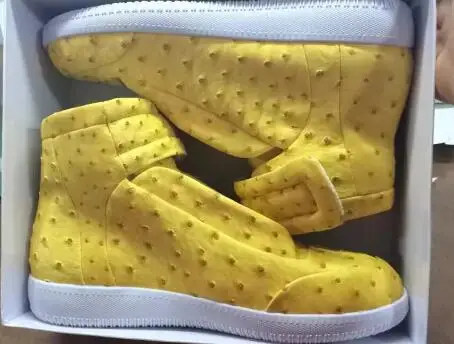 Man Bright Yellow Black Solid Ostrich Pattern Leather Round Toe High Top Flat Sneakers Male Ankle Wrap Outdoor Casual Shoes