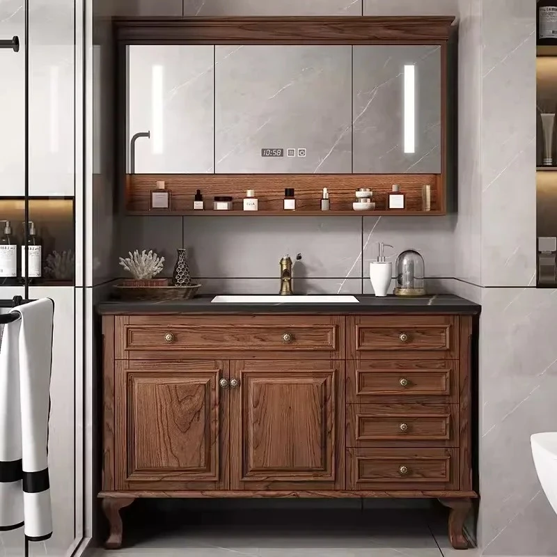 

Американский красный дуб, каменная плита, шкаф для ванной комнаты, комбинированный стол для ванной комнаты, пол из цельного дерева, интеллектуальная двойная раковина, умывальник