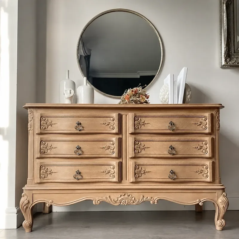 Solid Wood Chest of Drawers Nordic Retro Carved Bedroom Dresser Storage Cabinet