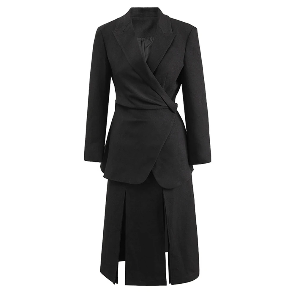 TWOTWINSTYLE Solid Two Piece Set For Women Notched Collar Long Sleeve Tunic Blazer High Waist Split Skirt Minimalist Sets Female