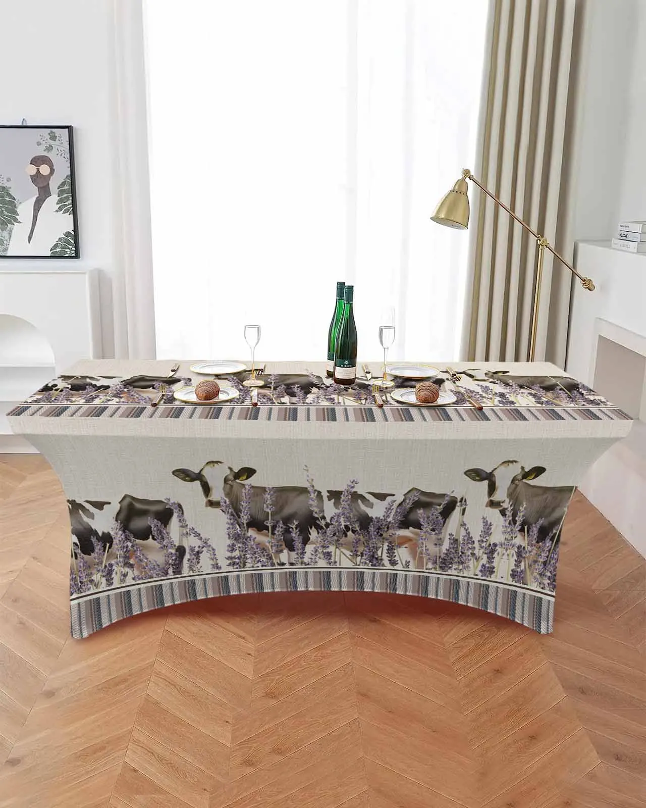 Farm Cows Lavender Rectangular Elastic Table Skirt Wedding Hotel Table Cover Holiday Dining Table Tablecloth