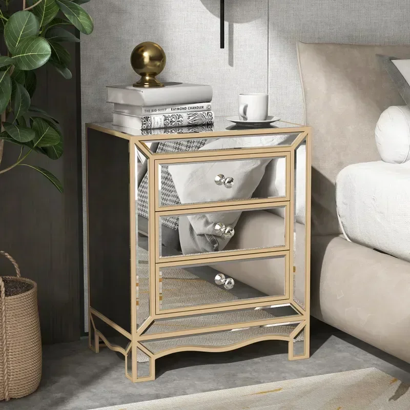 Champagne mirror nightstand three extraction cabinet, multifunctional bedside table W 19.7