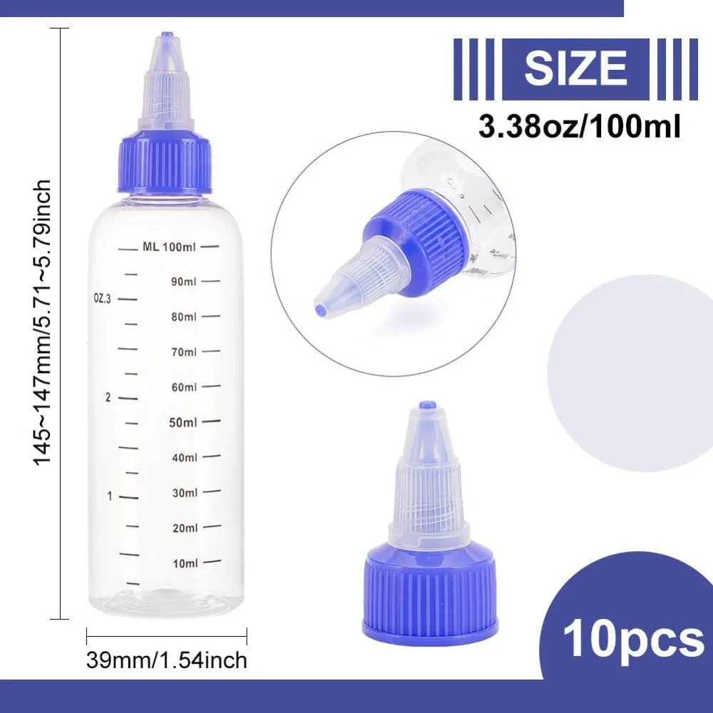10 Pack 100ml/3.4 oz Plastic Squeeze Bottles with Scale PET Transparent Blue Twist Cap Bottles Graduated Squeeze Dispensing