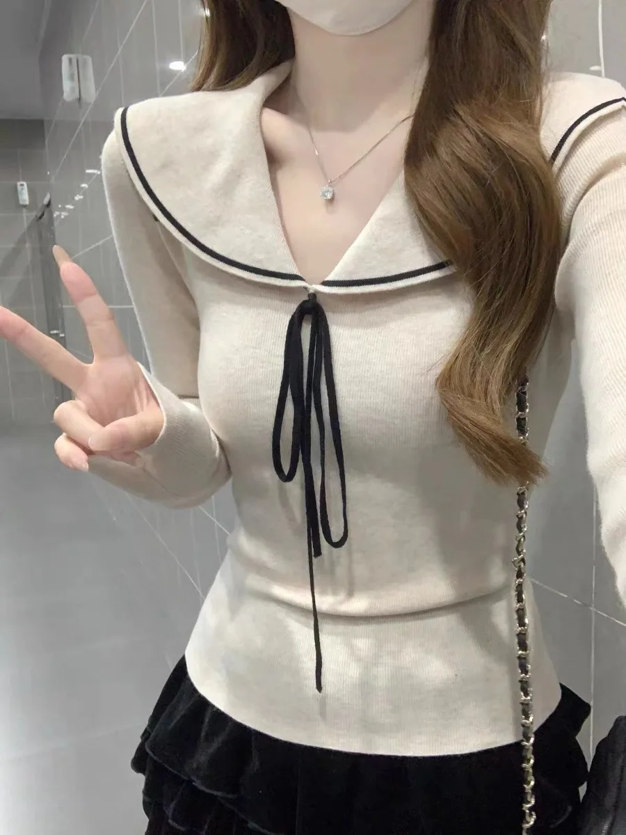 Sweet Style Knitted Slim Fit Long Sleeve Doll Collar Women's Base Shirt Tunic Top Autumn Winter Fashion Casual Inner Wear