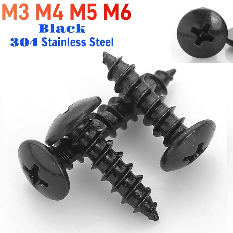 5-100pcs M3M4M5M6 Cross Recessed Self-Tapping Screws Black 304 Stainless Steel Umbrella Mushroom Head Self-Tapping Wood Screws