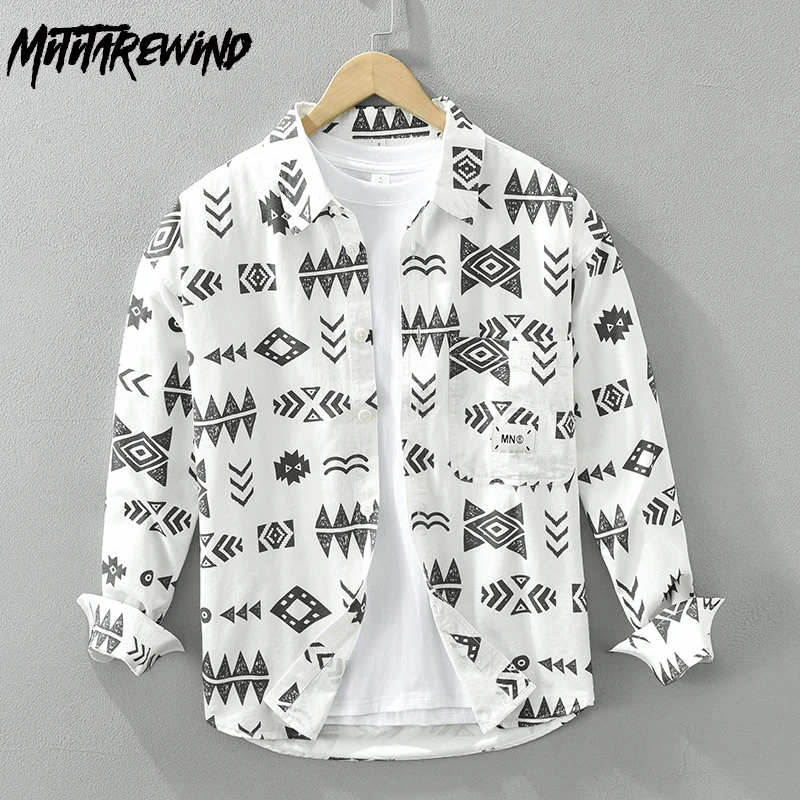 

2024 New Men Shirts Street Casual Boy's Loose Shirt Geometric Graphic Full Printed Shirt Pure Cotton Comfortable Top Trend Youth
