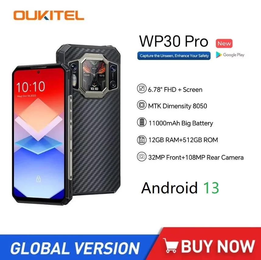 Oukitel WP30 Pro 5G Rugged Smartphones Android 13,Octa Core 12GB+512GB 6.78Inch FHD Mobile Phone 108MP Camera 11000mAh NFC