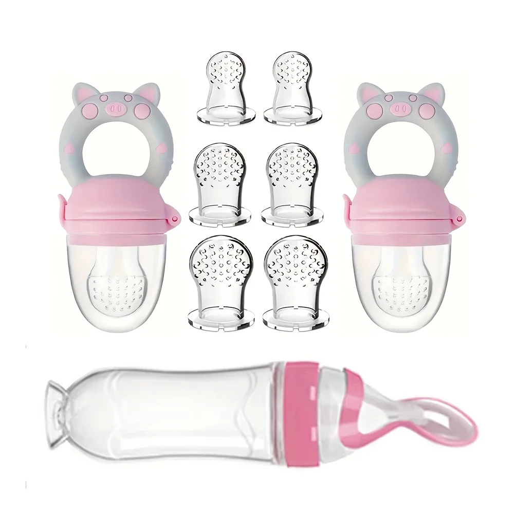 9pcs Feeding Cutlery:1 Silicone Feeding Bottle with Spoon & Suction Cup for Rice Cereal, 2 Fruit Vegetable Feeders,6 Size Nipple