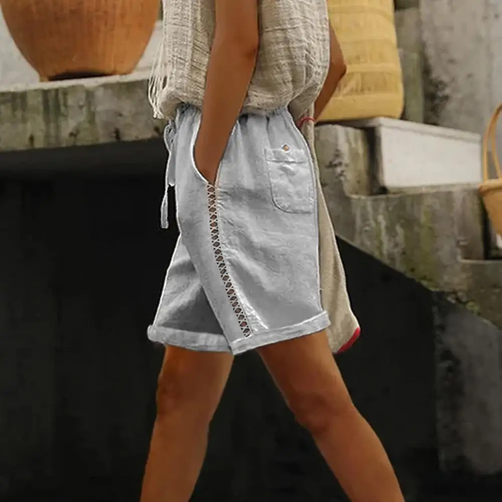 2025, damesshorts met zak, vetersluiting, taille, knielengte, zachte textuur, zweetabsorberend kant, gesplitst, losse pasvorm, zomerbroek, trainen