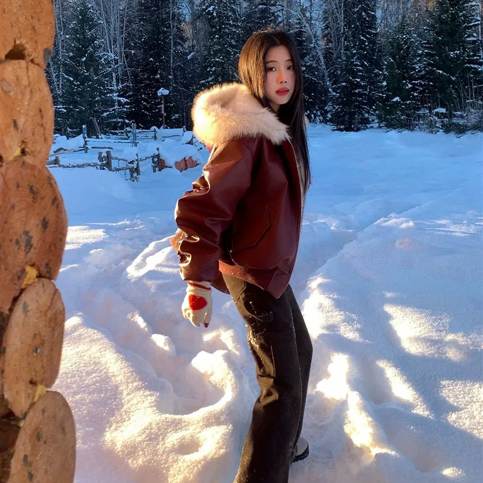 امرأة كبيرة فو الثعلب الفراء مقنعين طوق فو سترة جلدية سميكة فرو المنك تقسم بولي Coat معطف القطن اصطف سحابات سترة القمم
