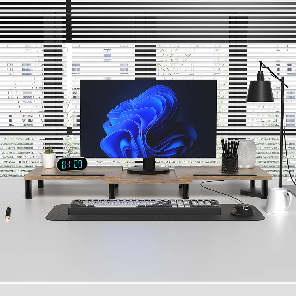 Dual Monitor Stand Riser Smartphone Holder Adjustable Length & Swivel Angle Wood Computer Monitor Stand PC Riser for 2 Monitors