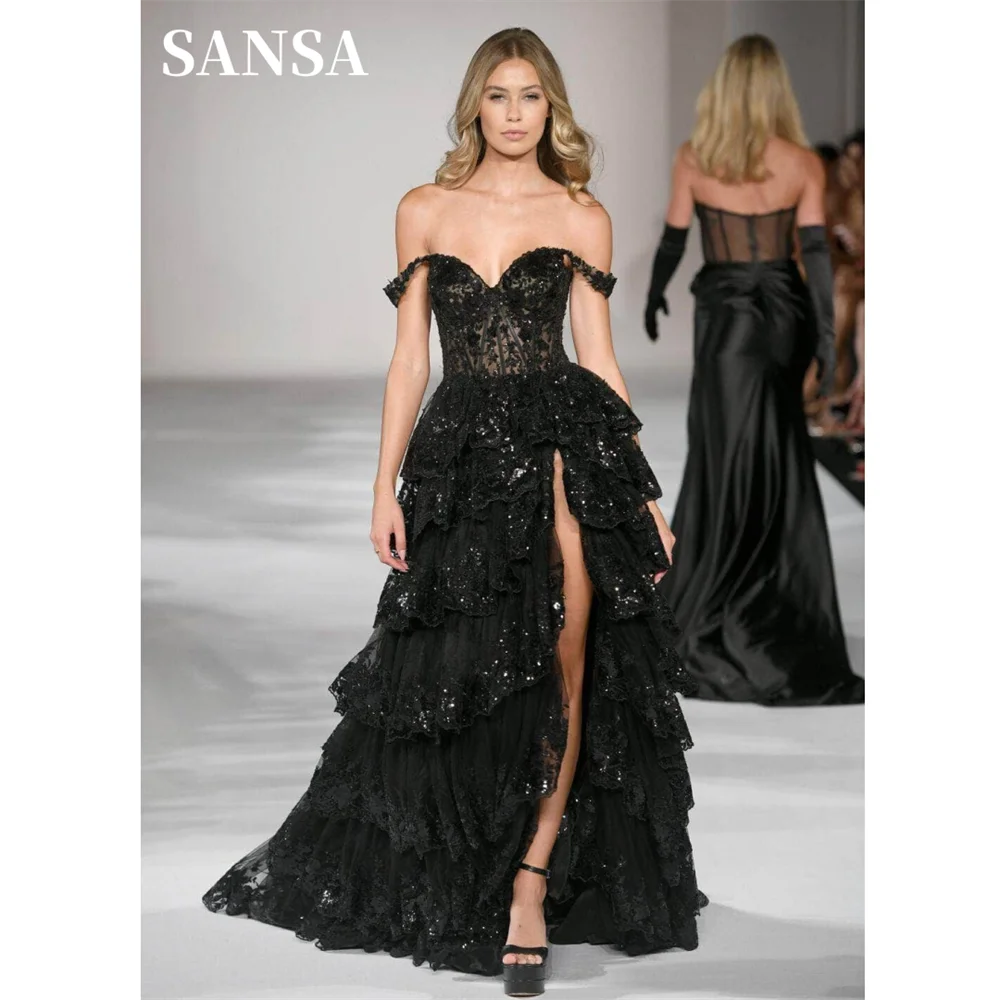Sansa Luxury Gliiter Lace Prom Dress Black Embroidery Lace Vestidos De Noche  Off Shoulder Edge Curl فساتين سهره فاخره