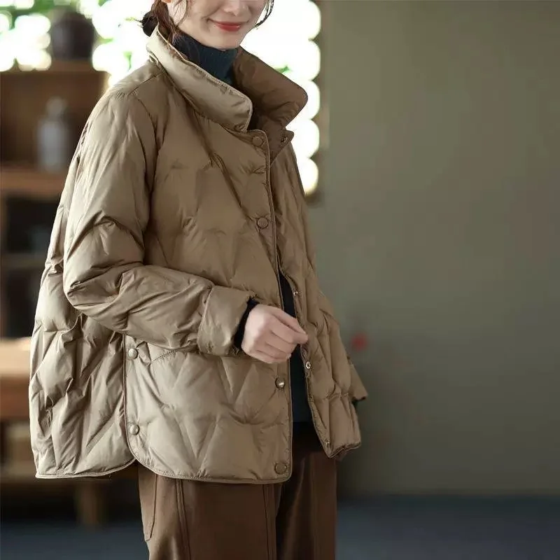 Autumn Winter Light White Duck Down Coat Parkas Women Short Warm Down Jacket Female Long Sleeve Single Breasted Bigsize Outwears