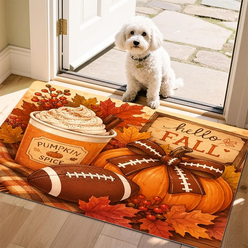 Tis The Season Fall Doormat, Pumpkin Latte Football Maple Leaf Print Entry Mat, Autumn Harvest Porch Decor