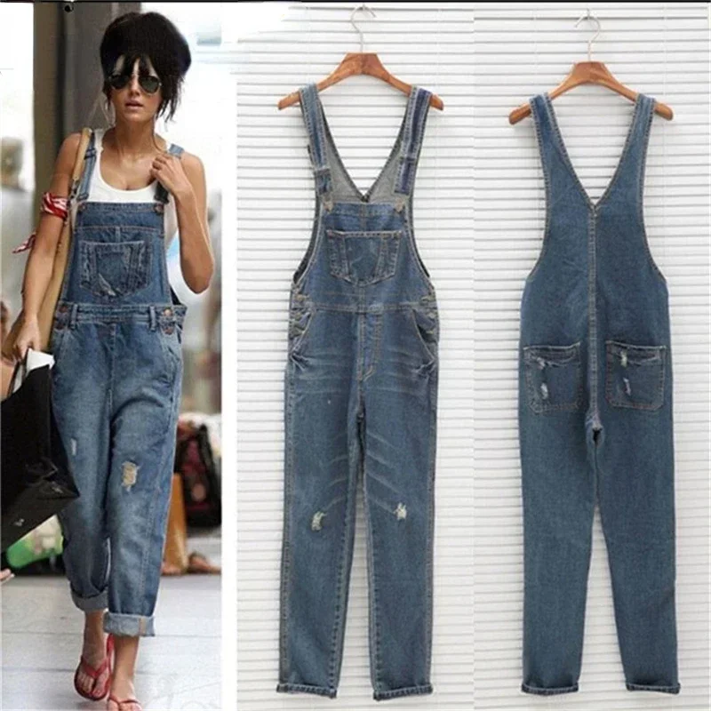 2024 New Casual Streetwear Hole Denim Jumpsuits Women 2021 Loose Suspenders Pocket Long Pants Waistline Straight Jeans Rompers