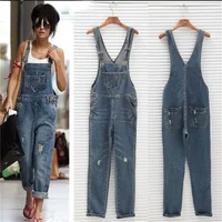New Casual Streetwear Hole Denim Jumpsuits Women 2021 Loose Suspenders Pocket Long Pants Waistline Straight Jeans Rompers