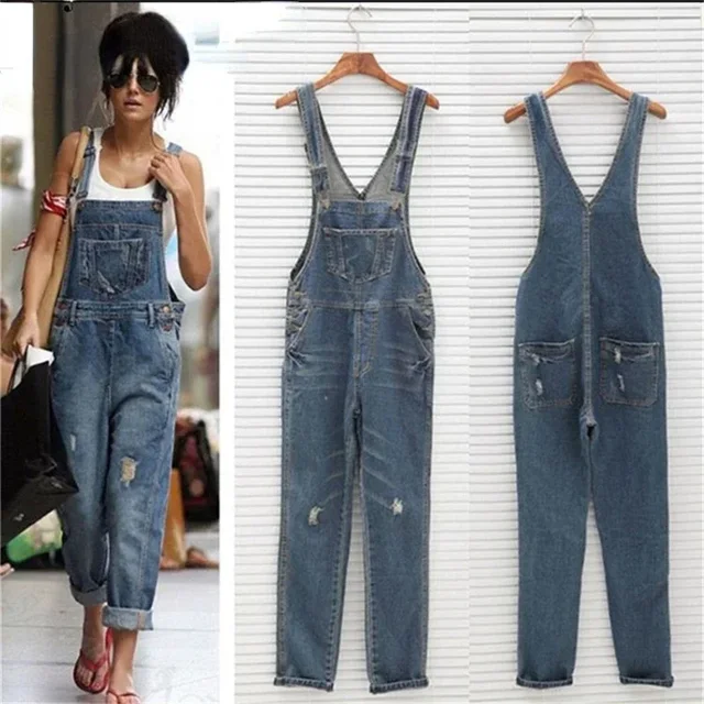 New Casual Streetwear Hole Denim Jumpsuits Women 2021 Loose Suspenders Pocket Long Pants Waistline Straight Jeans Rompers