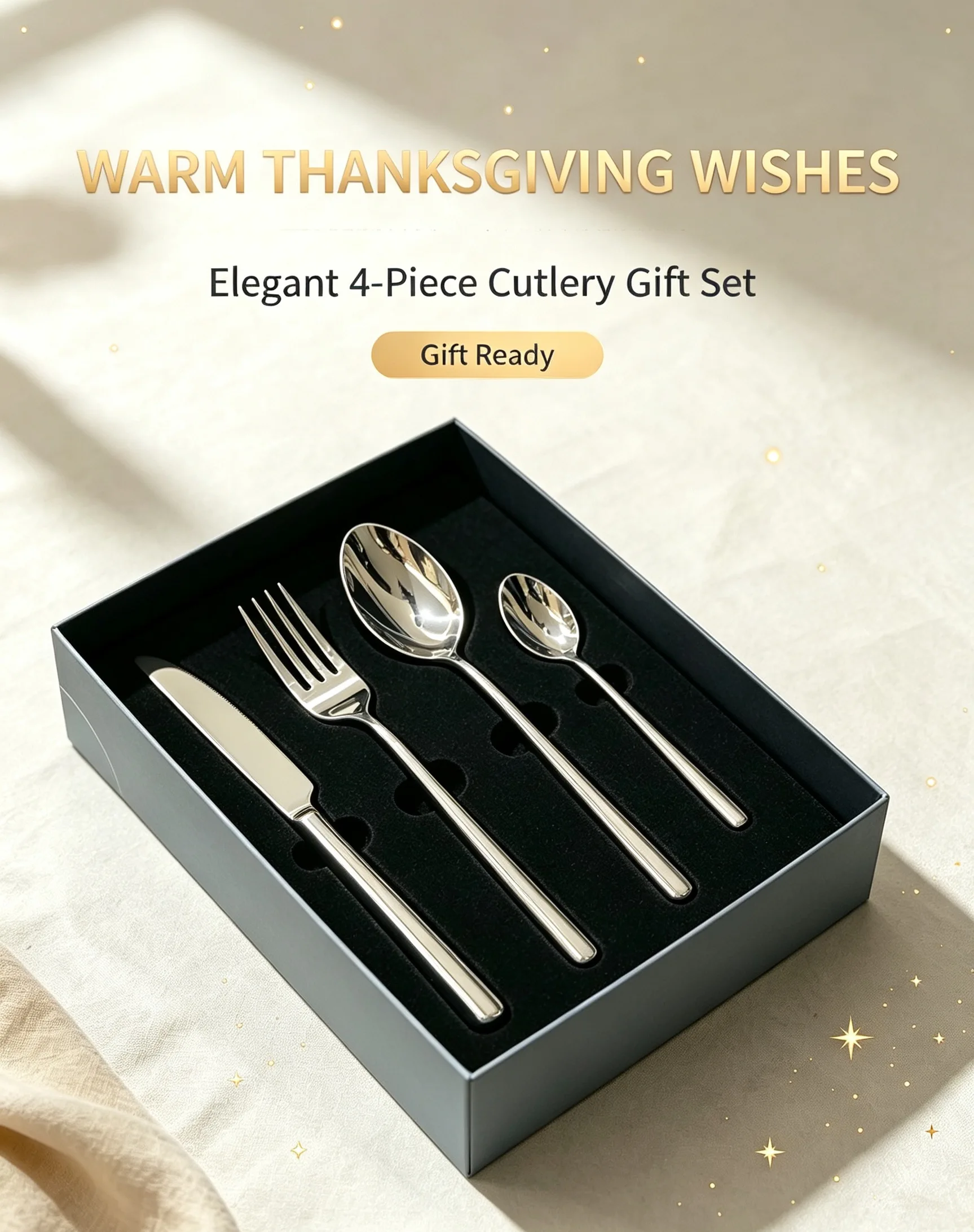 Elegant 420/304 Stainless Steel 4Pcs Cutlery Set Thin Smooth‑Handled Tableware Gift Box for Festival Gatherings & Presents