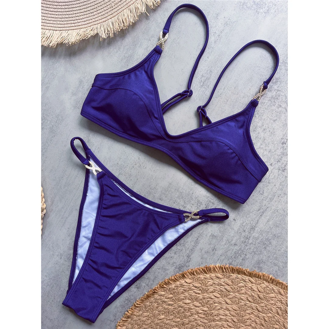 10 Farben, V-Ausschnitt, mit Strasssteinen verzierter Bikini, Damen-Badeanzug, zweiteiliges Bikini-Set, gepolsterter Badeanzug, Badebekleidung, Modell V8138. – Detail 16