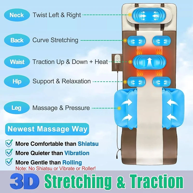 Multifunction 5 In 1 PU Leather Foldable Stretching Vibration Full Body Heating Air Compression Massage Mattress For Relaxing