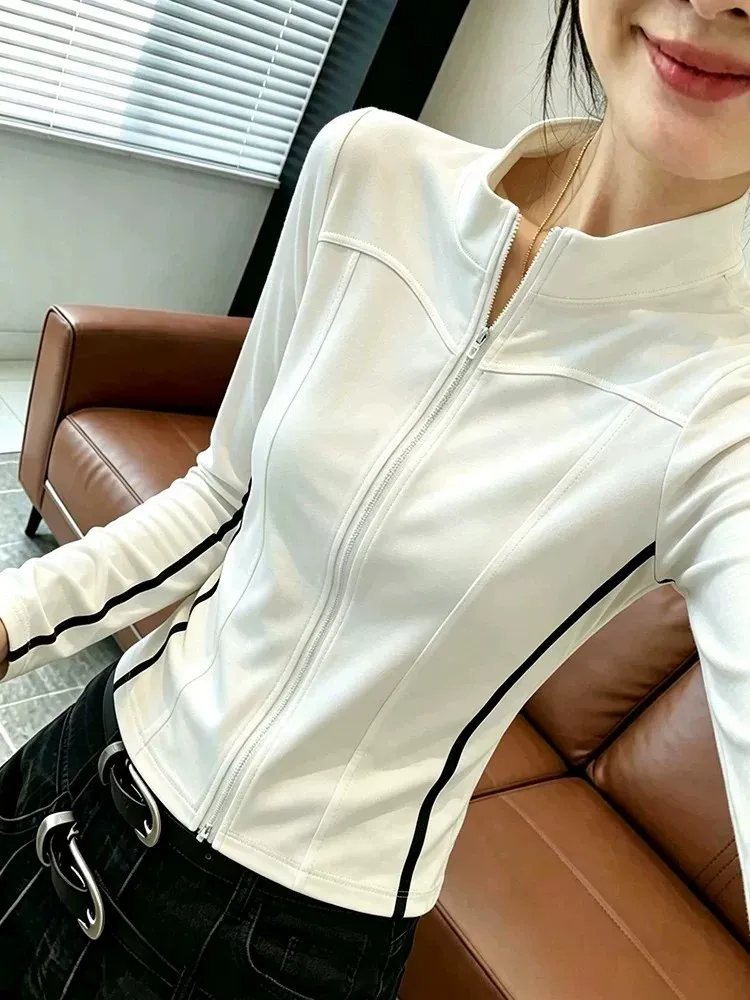 Slim Fit Long Sleeve T-Shirt Women's Outerwear Double Zipper White Elegant Style Casual Series High Waist Design Zipper Closure