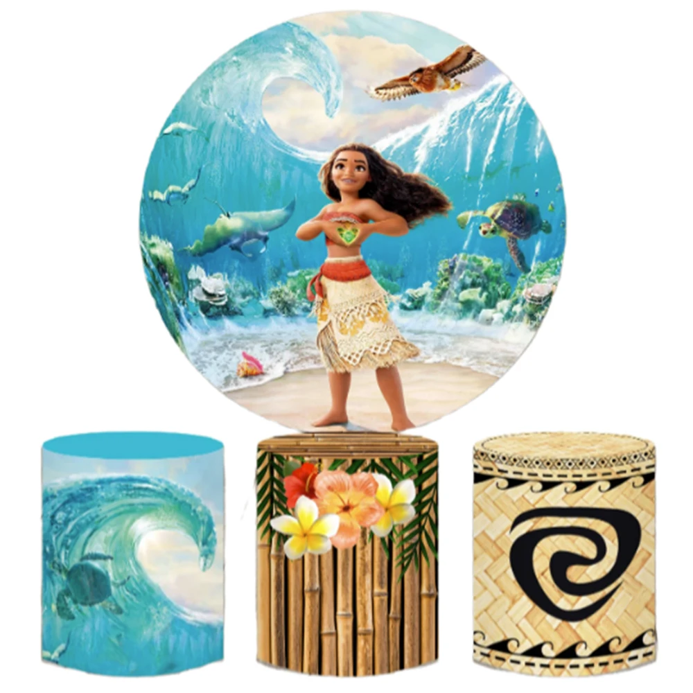 Moana Round Backdrop 3 Cylinder Covers Background Photography Baby Shower Princess For Girl Birthday Party Decoration Plinth