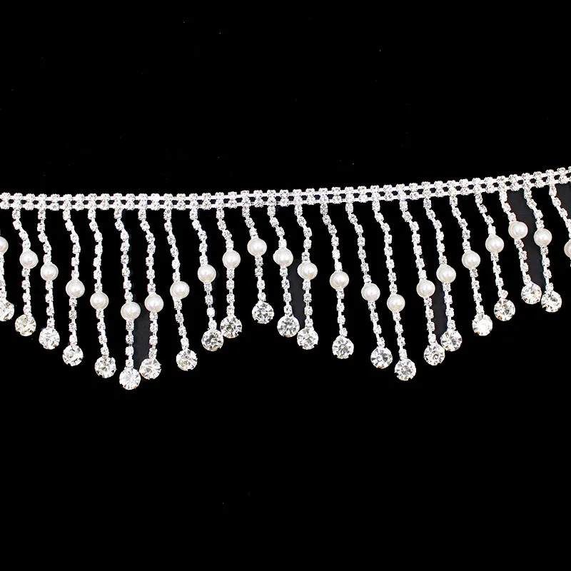 1Yard Wave AB Rhinestone perła wisiorek Tassel koralik pazur łańcuch wykończenia gumowa koronka na szycie, wesele pokrowiec na sukienkę Cap buty