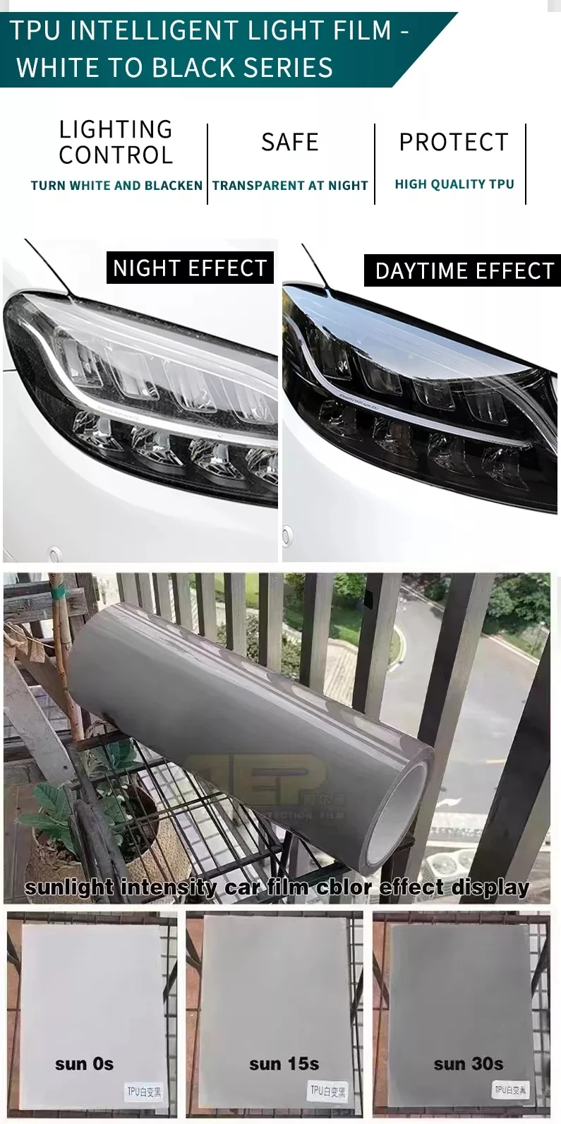 TPU PPF Smart Photochromic Headlight Protection Film for Any Car Lamp Decorate