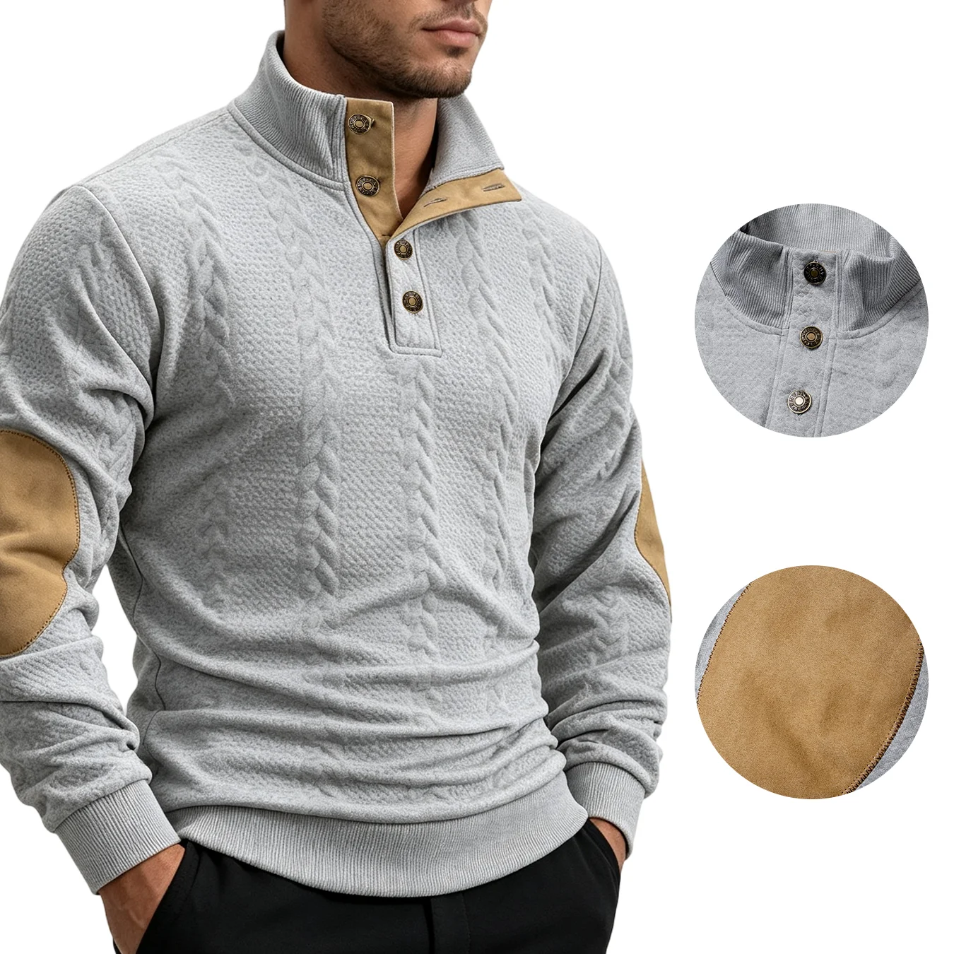 Button Placket Men Cable Knit Sweatshirt Stand Collar Pullover With Elbow Patches Soft Comfortable Casual Daily Outfit