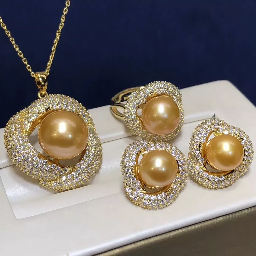 Gorgeous pendant AAAA 9-10mm South Sea gold rivet pearl pendant earrings and ring set 925s-18inch