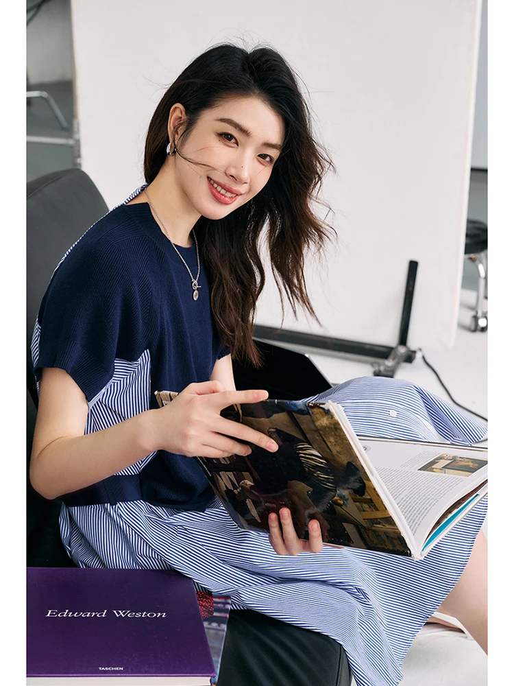 

Faionable Knitted irt Dr Patchwork Stripe Design by Ningxia Clothing Brand ort Sve Women's Spring Season Set