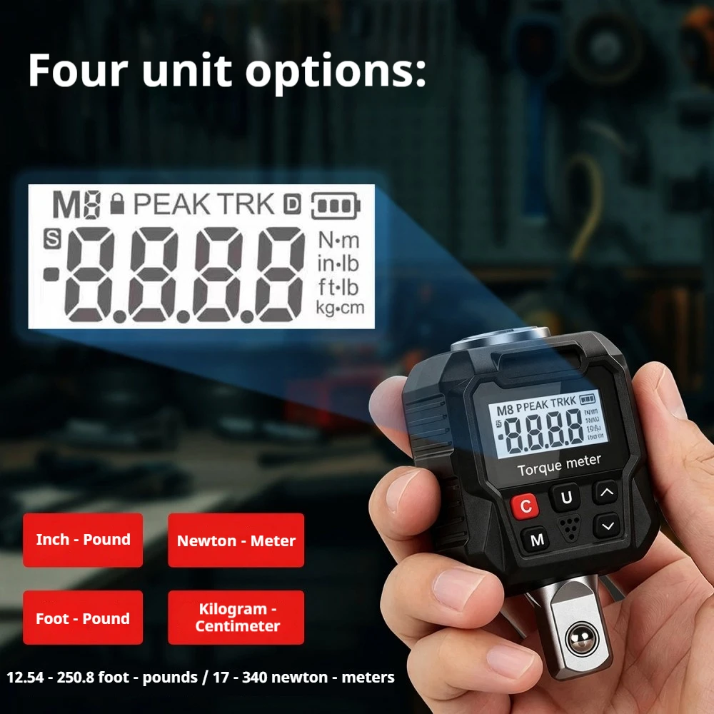 Digital Torque Meter 17-340Nm Electronic Torque Tester Adapter 4 Units Switch LED Buzzer Alarm for Auto Motorcycle Repair Tool