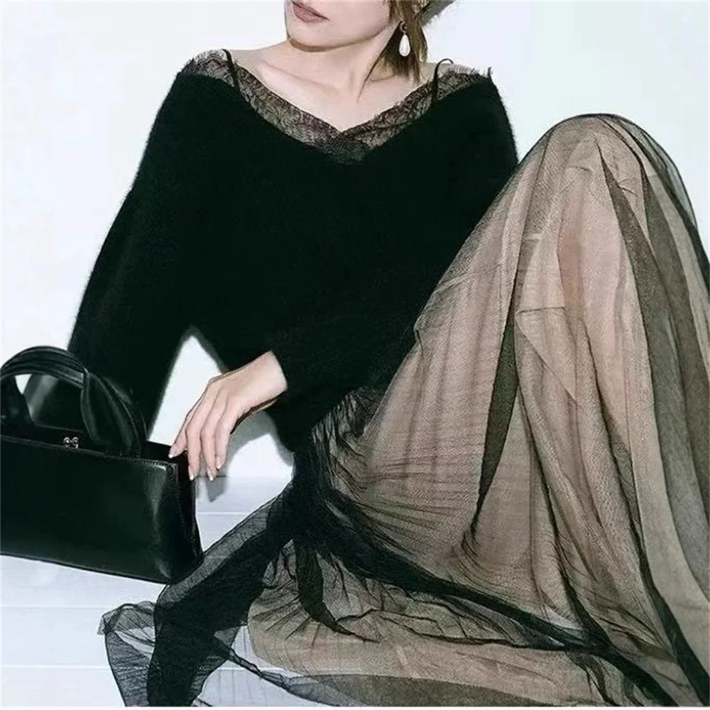 Fashion Elegant Lace Patchwork Pullover Sweater Loose Casual Long Sleeve Pullover Female 2025 Autumn Winter Japanese Knitwear 3 Fashion Elegant Lace Patchwork Pullover Sweater Loose Casual Long Sleeve Pullover Female 2025 Autumn Winter Japanese Knitwear 3
