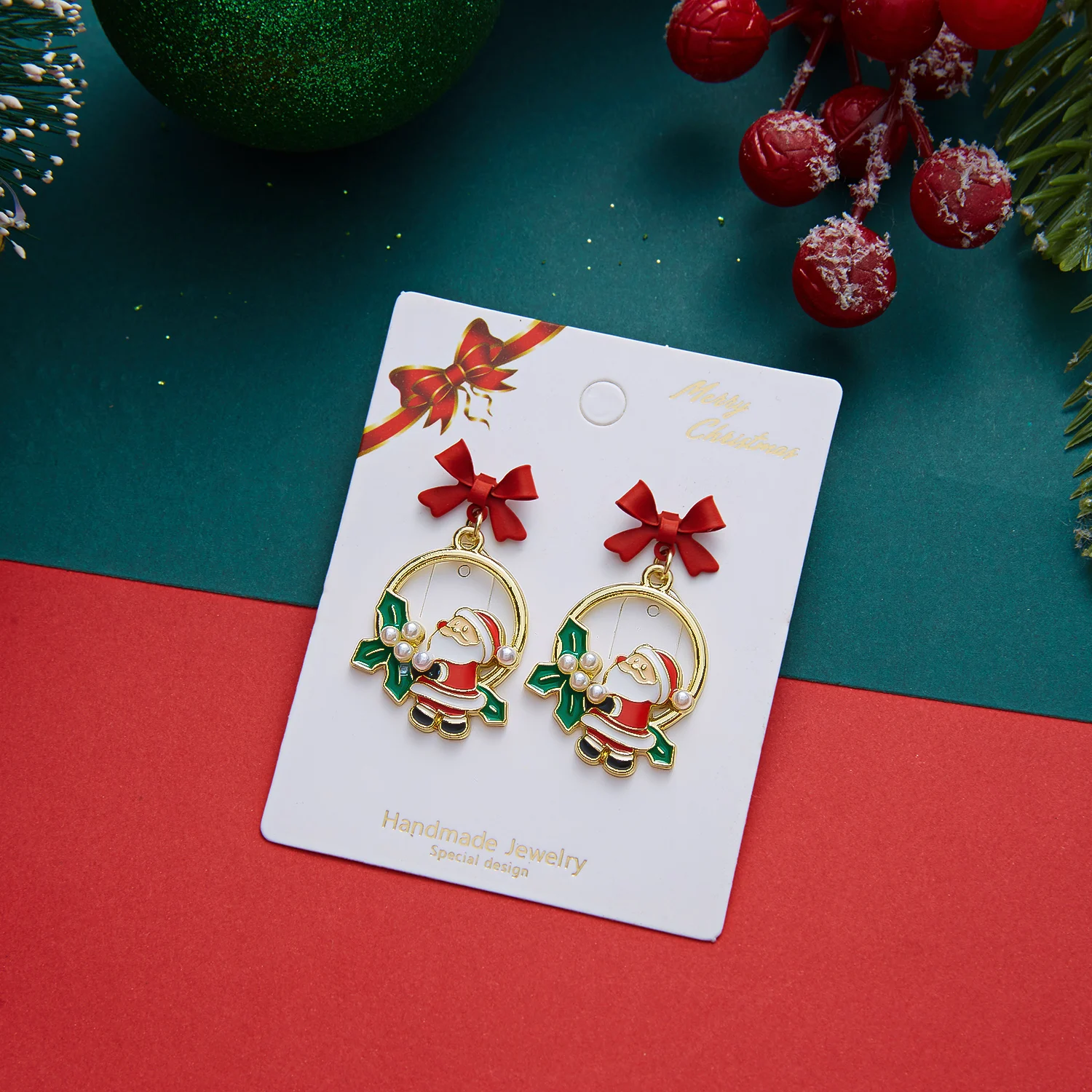 Cute Enamel Santa Claus Dangle Earrings For Women Christmas Imitation Pearl Bowknot Long Tassel Earring Holiday Party Jewelry