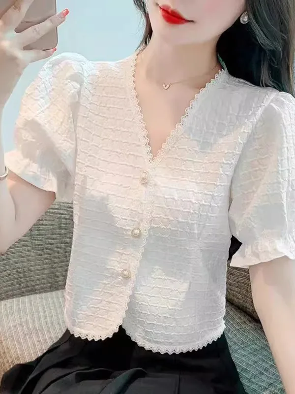 Csa Corta con Efecto Adeazante, Cuello en V, Manga Abullonada, Ribete de Encaje, Estilo Coreano, Hoada, con Estampado ...