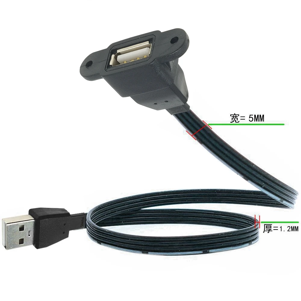 90° Type One Port USB Panel Mounting USB2.0 Plug Female Extension Cable with Built-in Screw Hole Locking Plug 5CM-1M