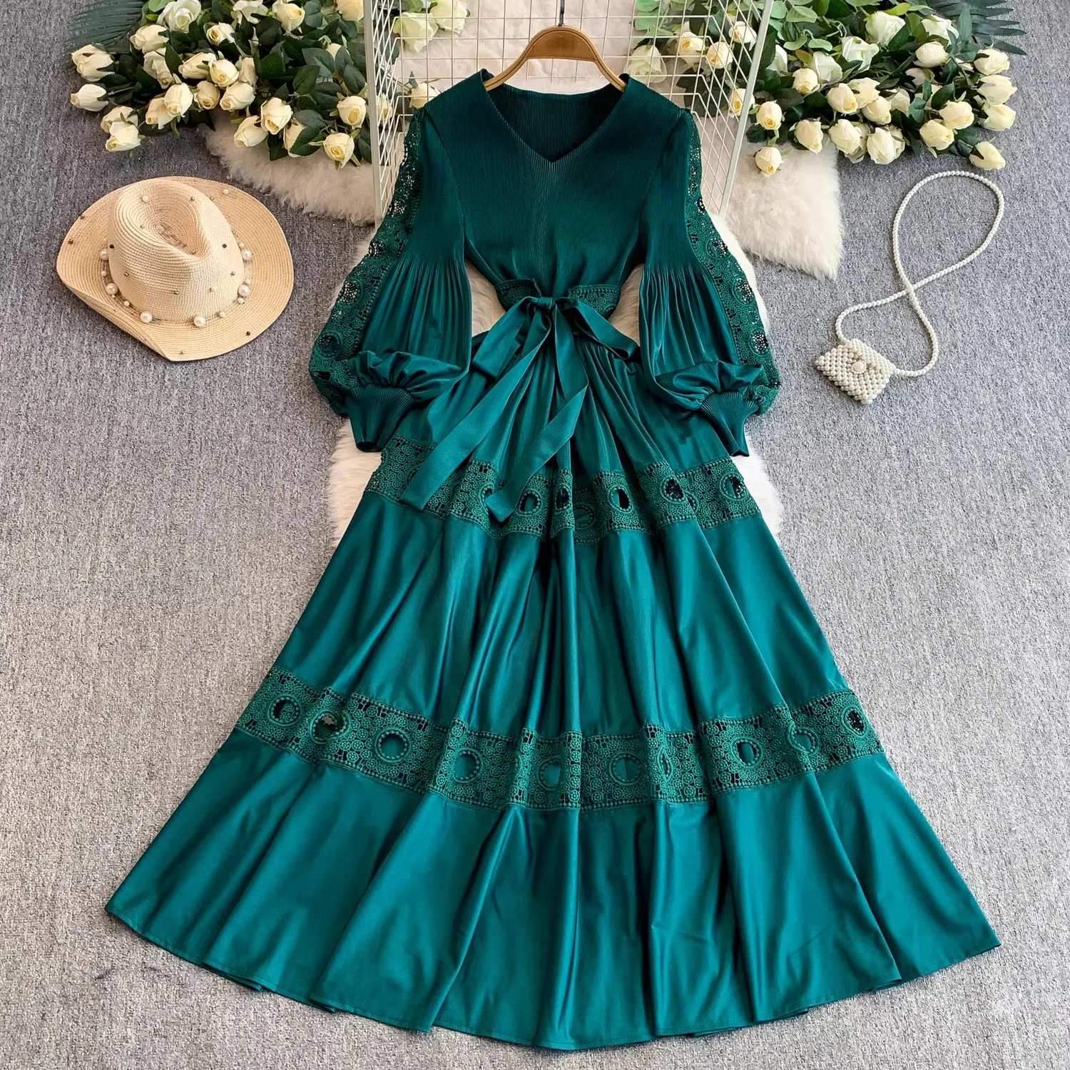 

Autumn Elegant Hollow Out Embroidery Loose Dresses Women's V-Neck Long Lantern Sleeve Single Breasted Lace Up Party Robe Vestido