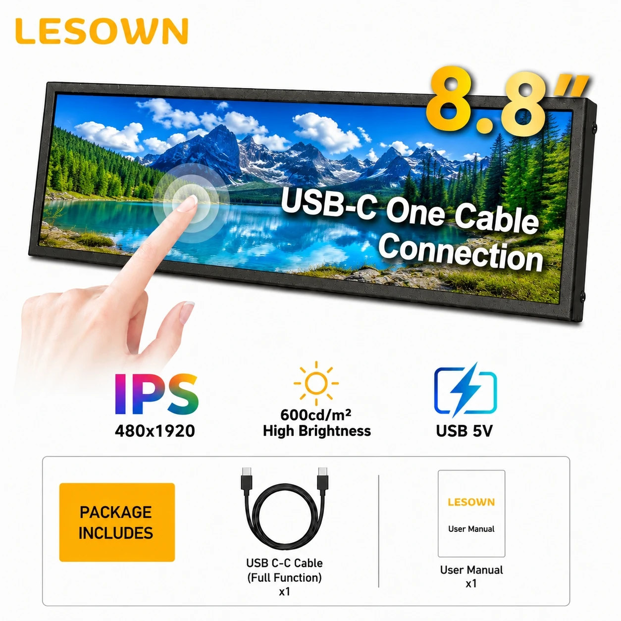 LESOWN 8.8" IPS Stretched Display HDTV Plug and Play Driver-free Compact Secondary Monitor for Live Streamer Utility