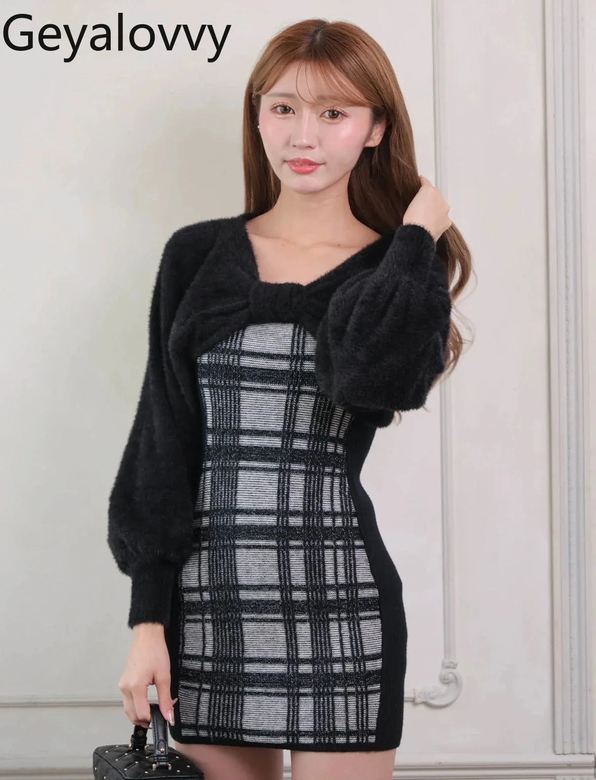 Herfst Winter Japanse Stijl Zoete Taille Afslanken Plaid Slim Fit Gebreide Hemdje Jurk en Lange Mouw Blouse Tweedelige set