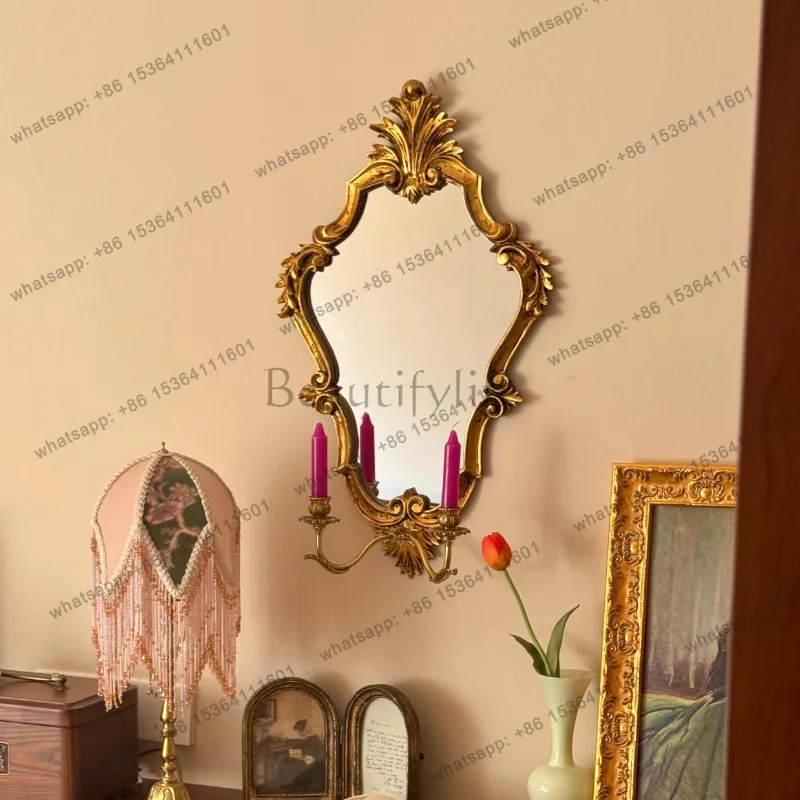 Gold Wall Mirror Retro Baroque Mirro Hanging Painting Living Room Brass Candlestick Decoration Painting with Candle Holder