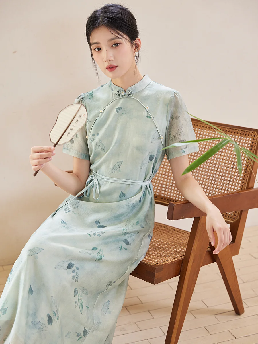 

Новое китайское женское платье из шелка и льна в национальном стиле, улучшенное, с коротким рукавом, для повседневной носки, в ретро-стиле