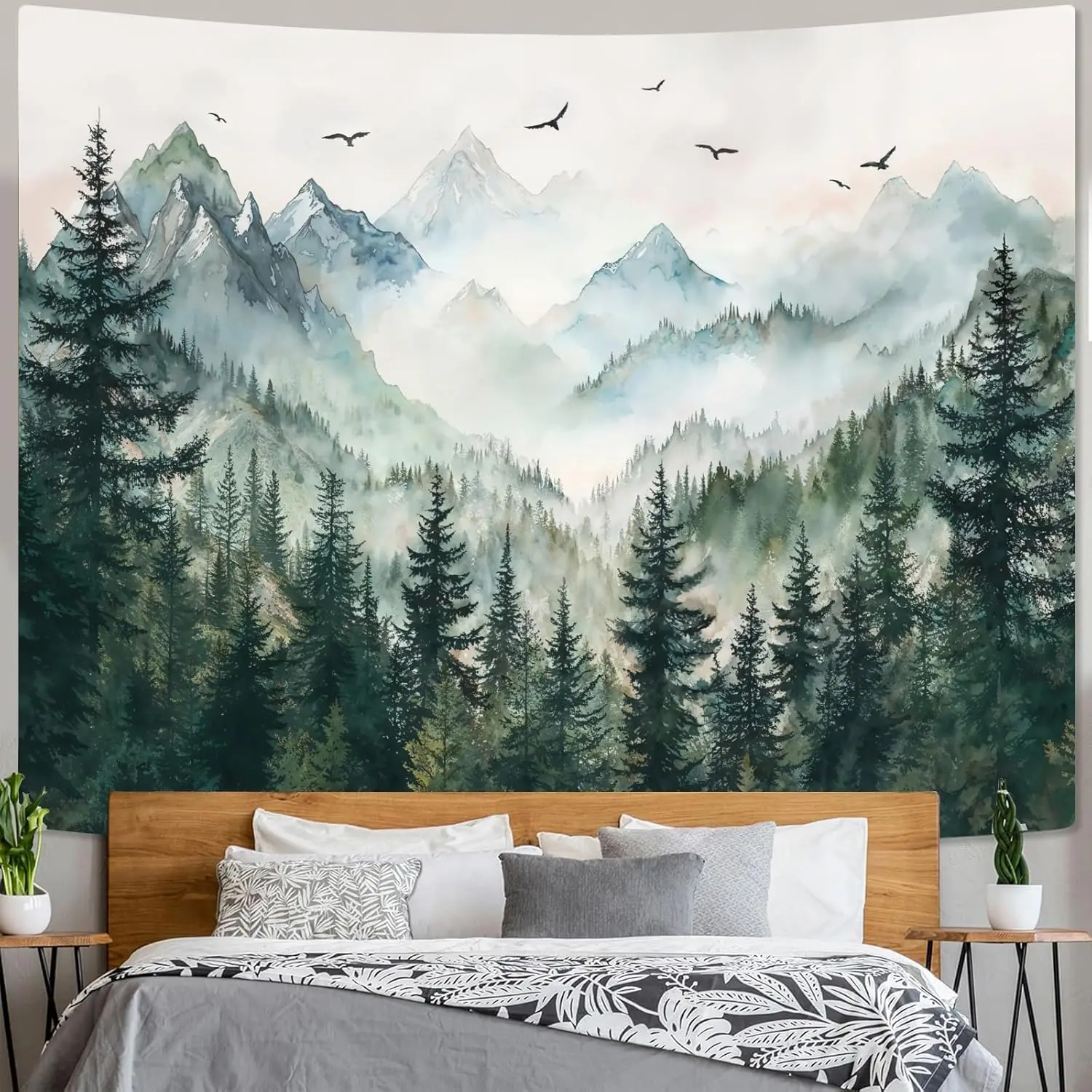 Misty Forest Mountain Tapestry Sage Green Nature Pine Tree Tapestry Bedroom Aesthetic Watercolor Foggy Woodlands Birds Landscape