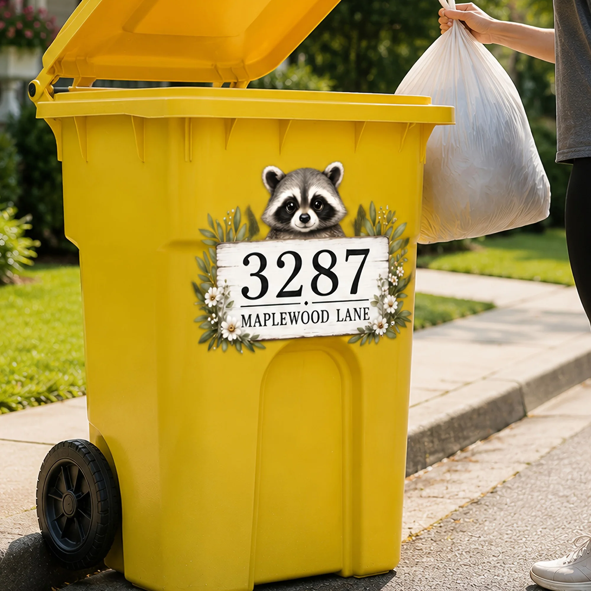 Trash Can Decals Custom Address Raccoon Floral Vinyl Sticker Waterproof Outdoor House Number Label For Wheelie Bin Decor view 6