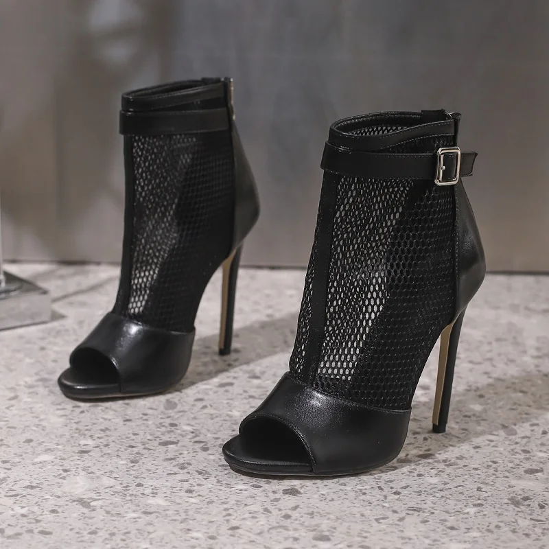 

Women's Peep Toe Breathable Mesh Faux Leather Patchwork Back Zipper Ankle Buckle Stiletto Heel Ankle Party Nightclub Footwear