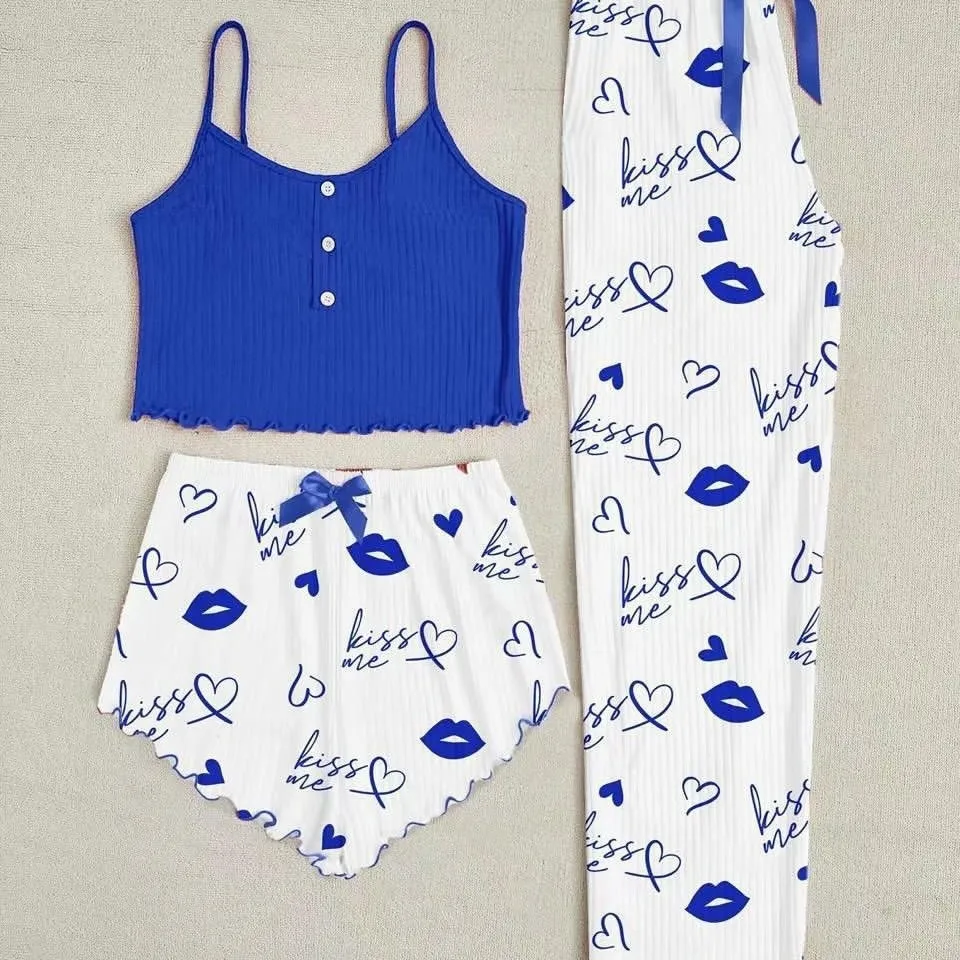 3 Pieces New Pajamas Set Women Sleepwear Casual Heart-Shaped Printed Vest and Shorts and Pants Sets Homewear Pijamas
